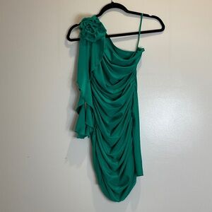 Green One Shoulder Sleeveless Ruffle Trim Mini